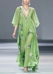 Light Green Print Chiffon Maxi Dress Exra Large Hem Summer