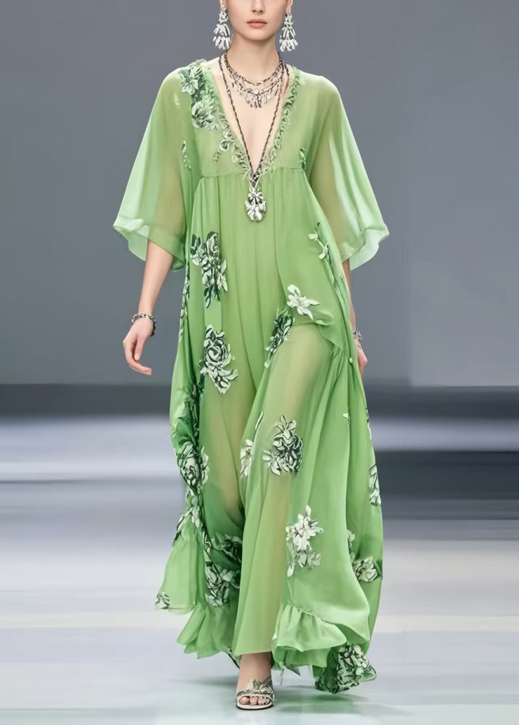 Light Green Print Chiffon Maxi Dress Exra Large Hem Summer