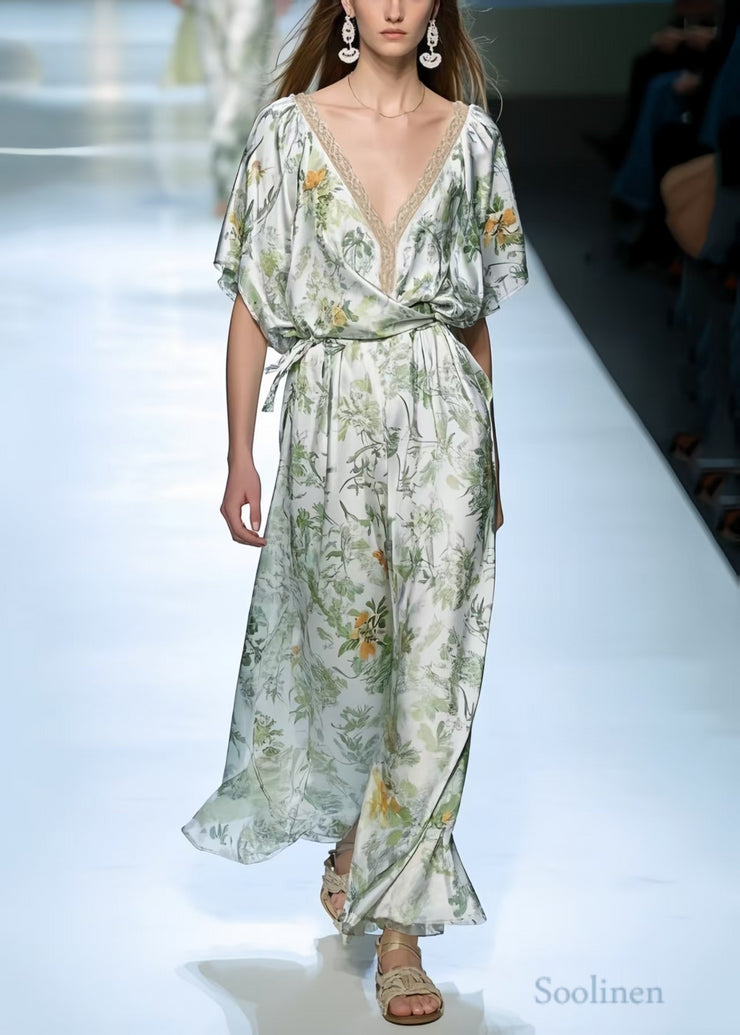 Light Green Print Silk Robe Dresses Oversized Summer