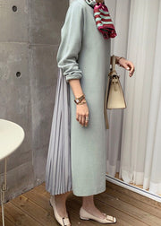 Light Green Wrinkled Solid Patchwork Cotton Winter Sweatshirt Dresses O Neck