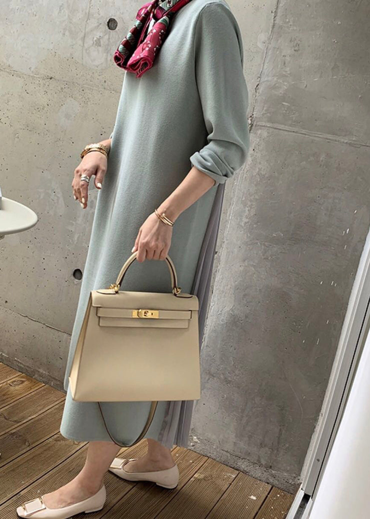 Light Green Wrinkled Solid Patchwork Cotton Winter Sweatshirt Dresses O Neck