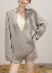 Light Grey Knit Cozy Two Pieces Set Deep-V Neck Fall