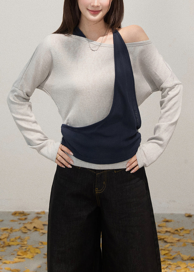 Light Grey Patchwork Cotton Shirt Tops Cold Shoulder Fall