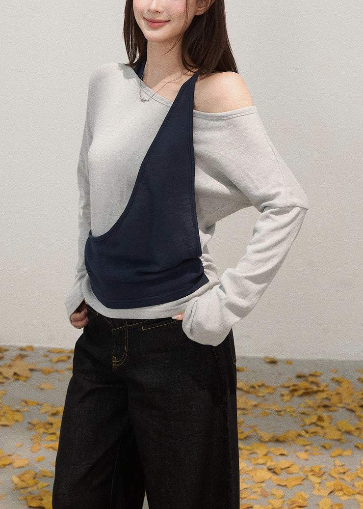 Light Grey Patchwork Cotton Shirt Tops Cold Shoulder Fall