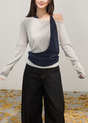 Light Grey Patchwork Cotton Shirt Tops Cold Shoulder Fall