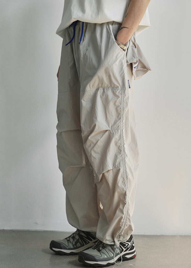 Light Grey Pockets Cotton Summer Mens Pants Elastic Waist