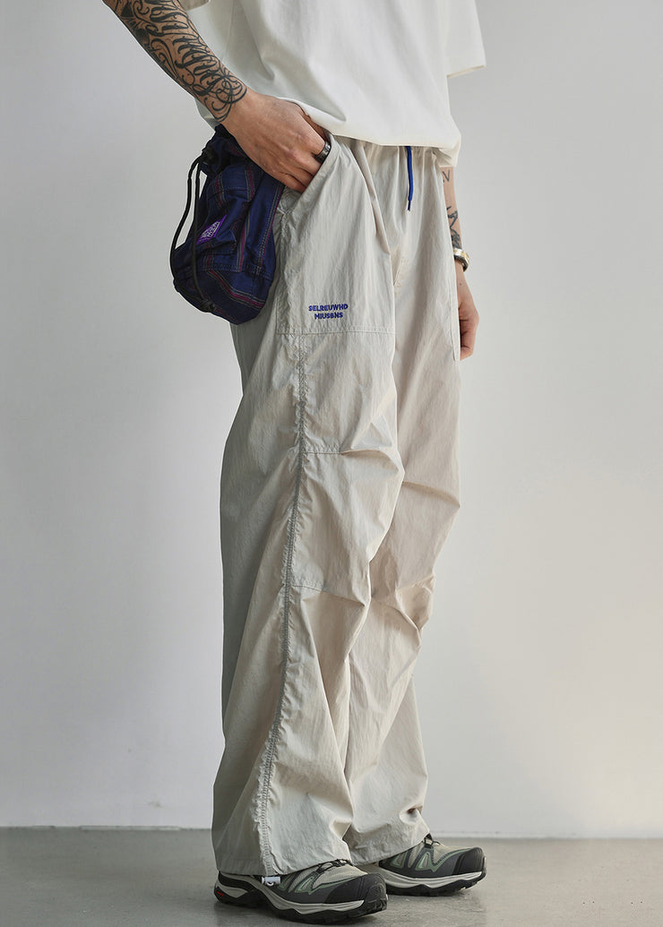 Light Grey Pockets Cotton Summer Mens Pants Elastic Waist