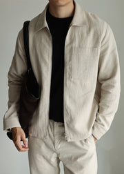 Light Khaki Drawstring Zip Up Solid Linen Mens Jackets Peter Pan Collar