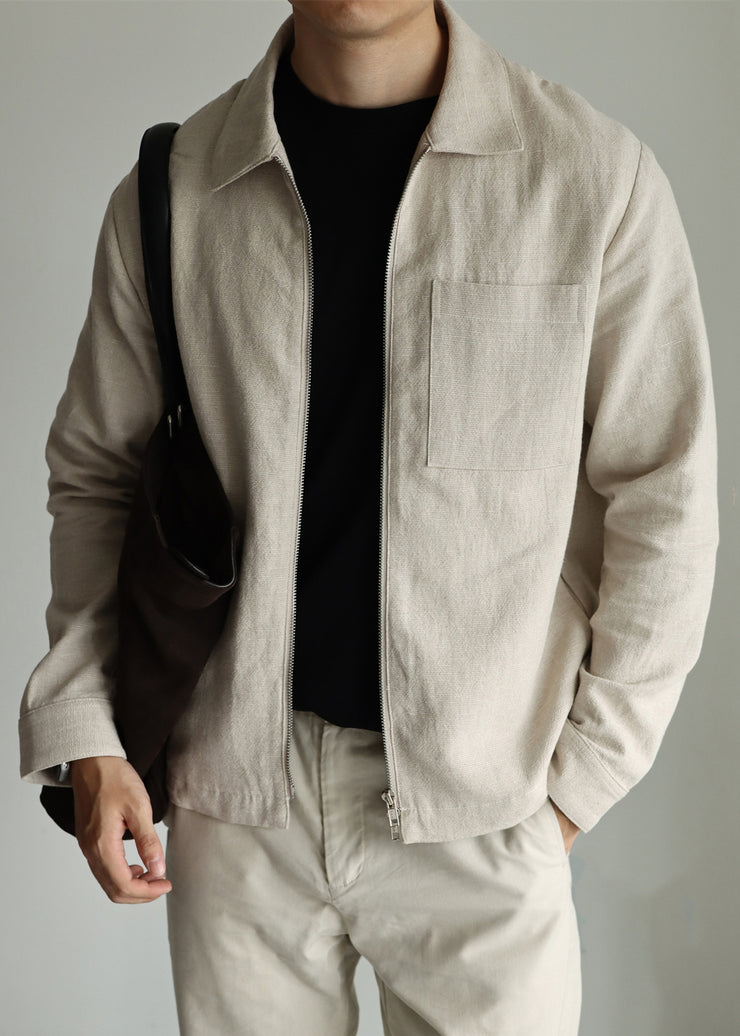 Light Khaki Drawstring Zip Up Solid Linen Mens Jackets Peter Pan Collar