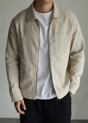 Light Khaki Drawstring Zip Up Solid Linen Mens Jackets Peter Pan Collar