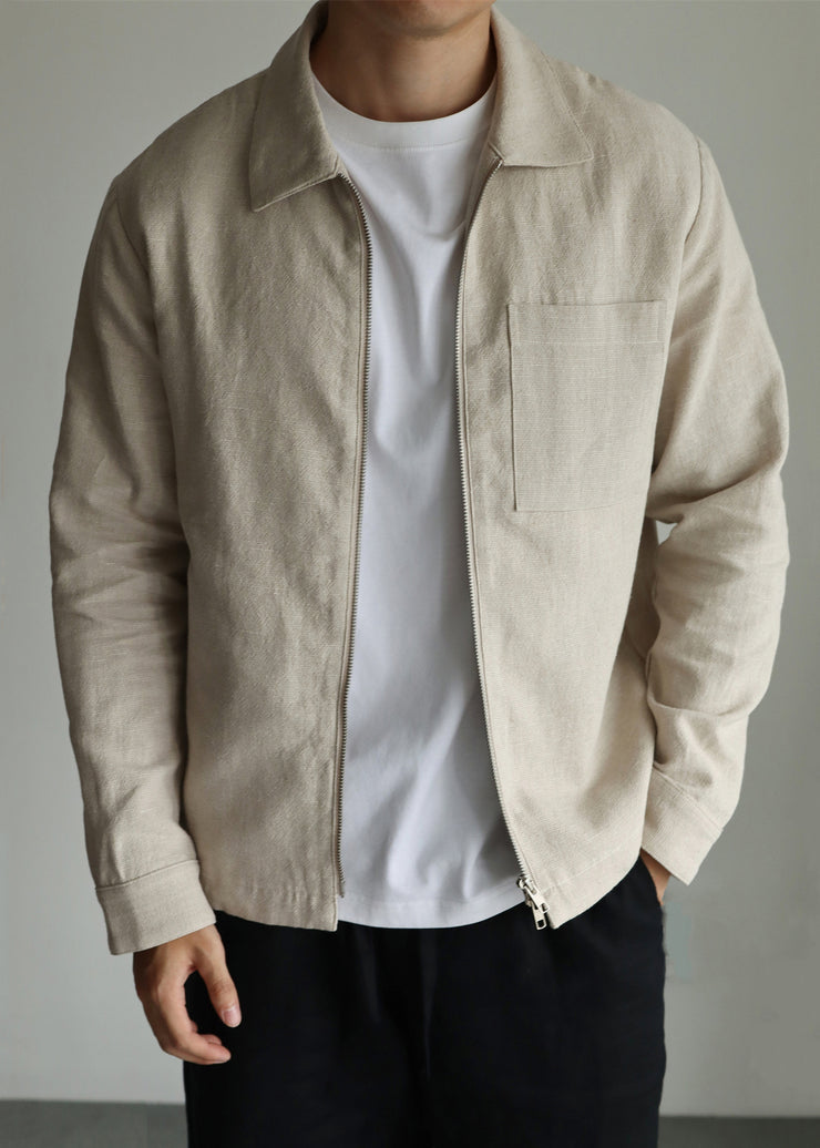 Light Khaki Drawstring Zip Up Solid Linen Mens Jackets Peter Pan Collar