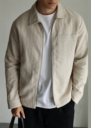 Light Khaki Drawstring Zip Up Solid Linen Mens Jackets Peter Pan Collar