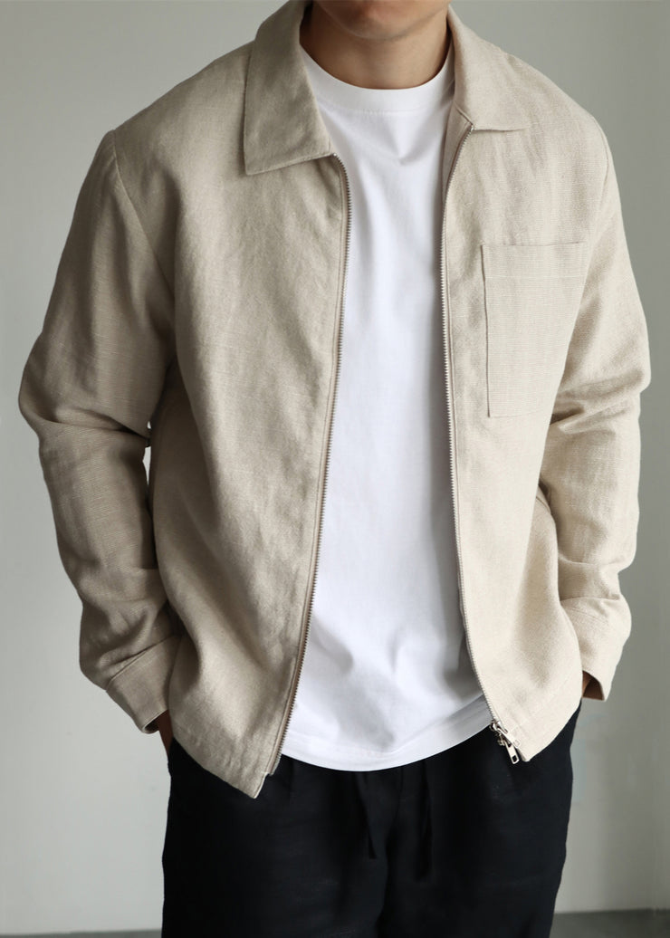 Light Khaki Drawstring Zip Up Solid Linen Mens Jackets Peter Pan Collar