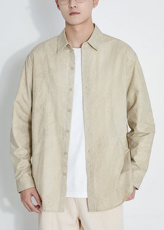 Light Khaki Tie Dye Oversized Cotton Mens Shirts Peter Pan Collar
