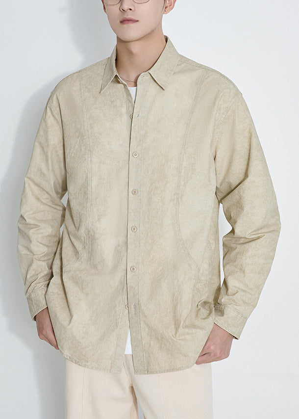 Light Khaki Tie Dye Oversized Cotton Mens Shirts Peter Pan Collar