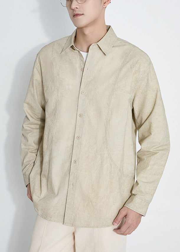 Light Khaki Tie Dye Oversized Cotton Mens Shirts Peter Pan Collar