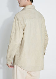 Light Khaki Tie Dye Oversized Cotton Mens Shirts Peter Pan Collar