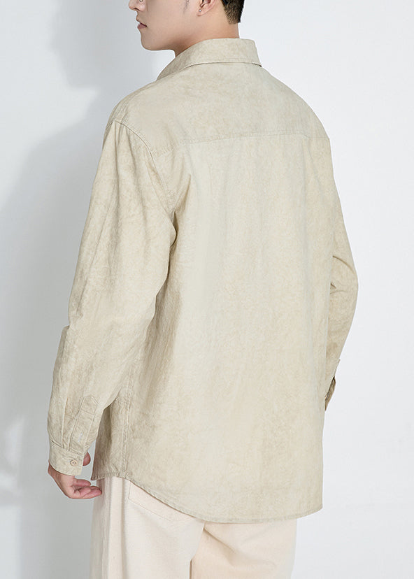 Light Khaki Tie Dye Oversized Cotton Mens Shirts Peter Pan Collar