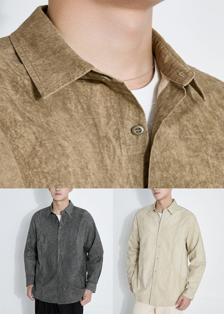 Light Khaki Tie Dye Oversized Cotton Mens Shirts Peter Pan Collar