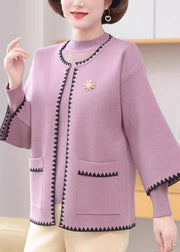 Light Purple O-Neck Pockets Cotton Knit Coats And Sweaters Two-Piece Set Fall