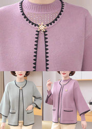 Light Purple O-Neck Pockets Cotton Knit Coats And Sweaters Two-Piece Set Fall