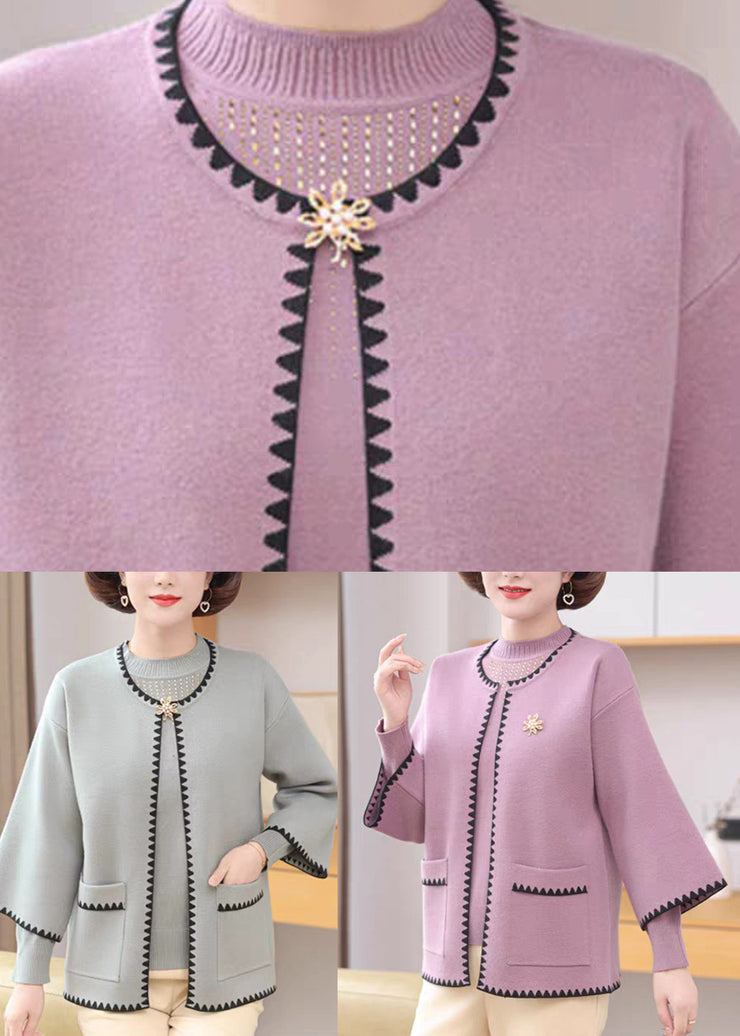 Light Purple O-Neck Pockets Cotton Knit Coats And Sweaters Two-Piece Set Fall