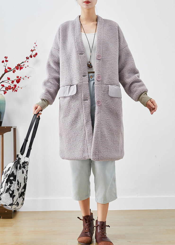 Light Purple Patchwork Teddy Trench V Neck Button Down Fall