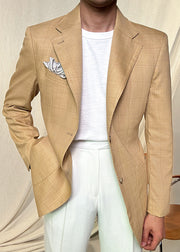 Light Yellow Button Pockets Spandex Fall Men Coat Plaid