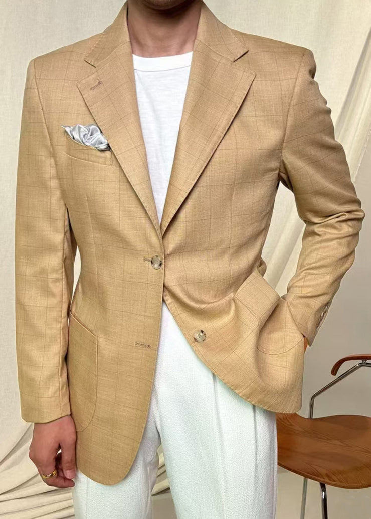 Light Yellow Button Pockets Spandex Fall Men Coat Plaid