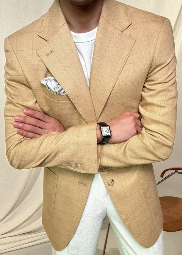 Light Yellow Button Pockets Spandex Fall Men Coat Plaid