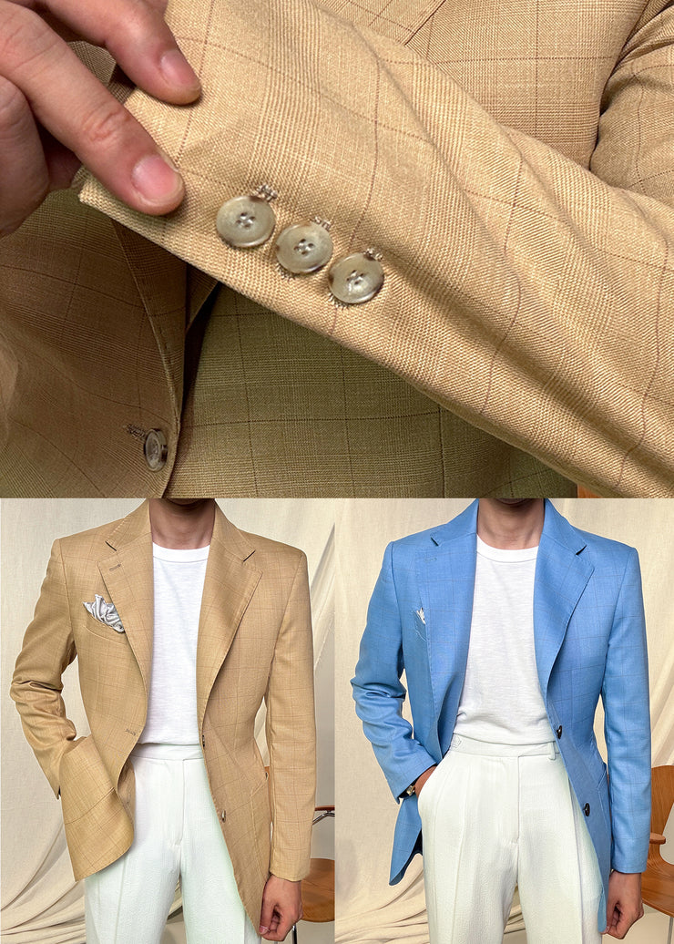 Light Yellow Button Pockets Spandex Fall Men Coat Plaid