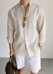 Linen Button Solid Mens Shirts Stand Collar Long Sleeve