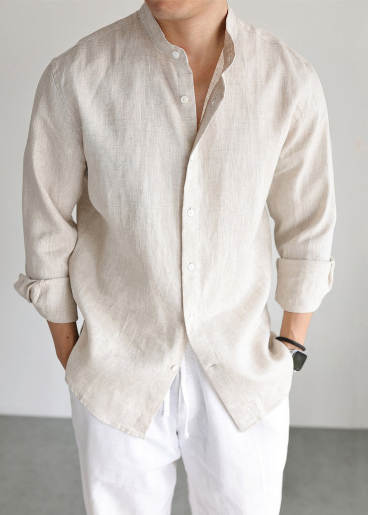 Linen Button Solid Mens Shirts Stand Collar Long Sleeve