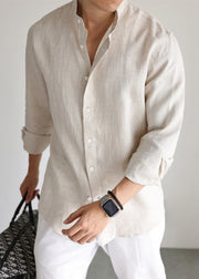 Linen Button Solid Mens Shirts Stand Collar Long Sleeve