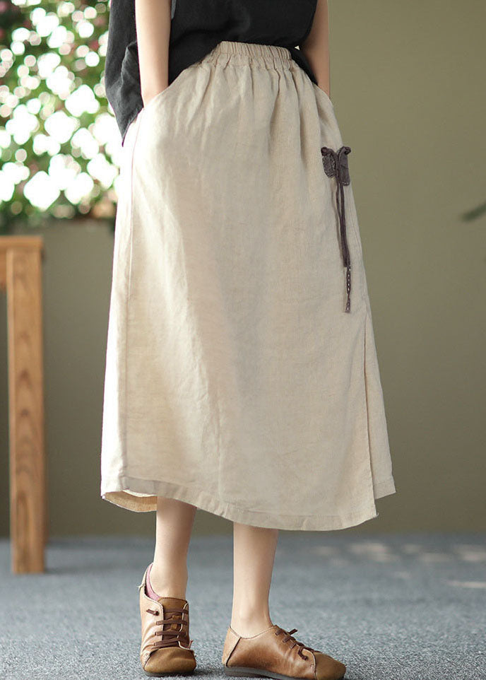 Linen Color Pockets Linen Skirts Side Open Oriental Button Summer