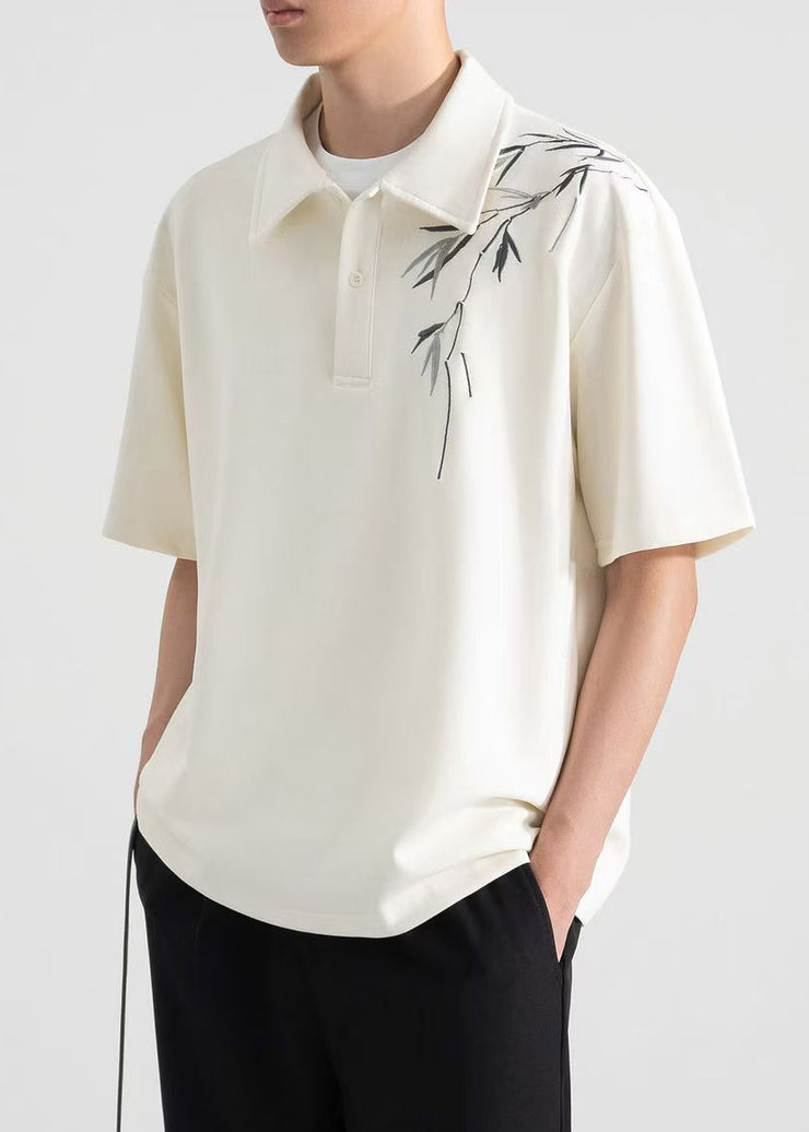 Loose Apricot Button Print Cotton Mens Polo Shirt Summer