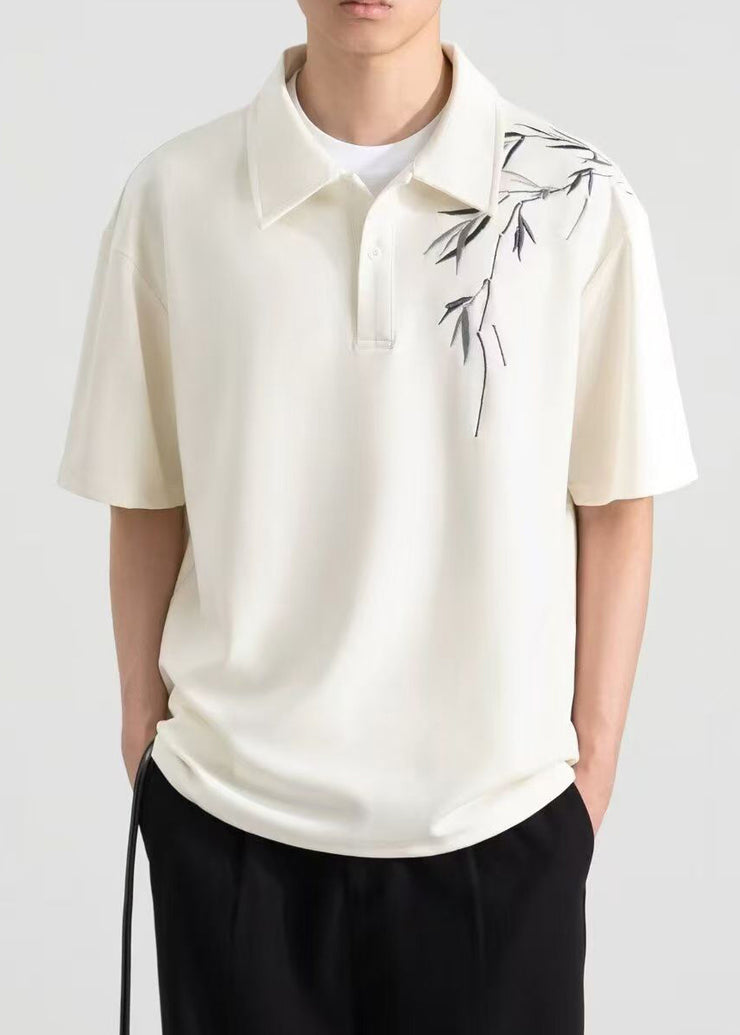 Loose Apricot Button Print Cotton Mens Polo Shirt Summer