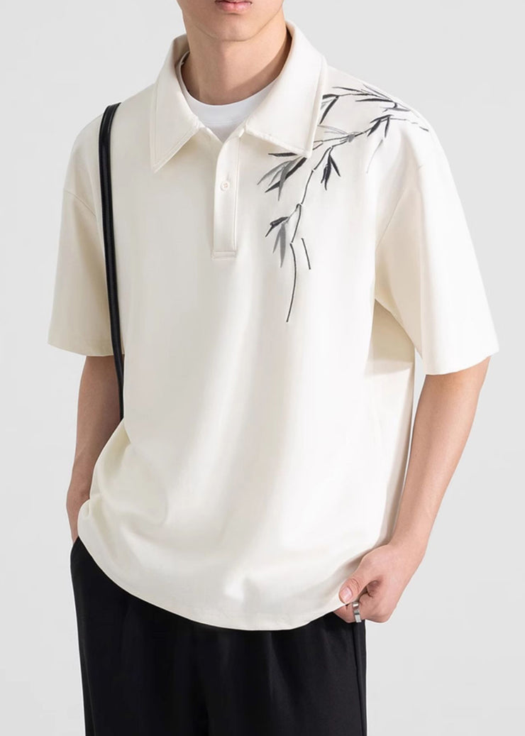 Loose Apricot Button Print Cotton Mens Polo Shirt Summer