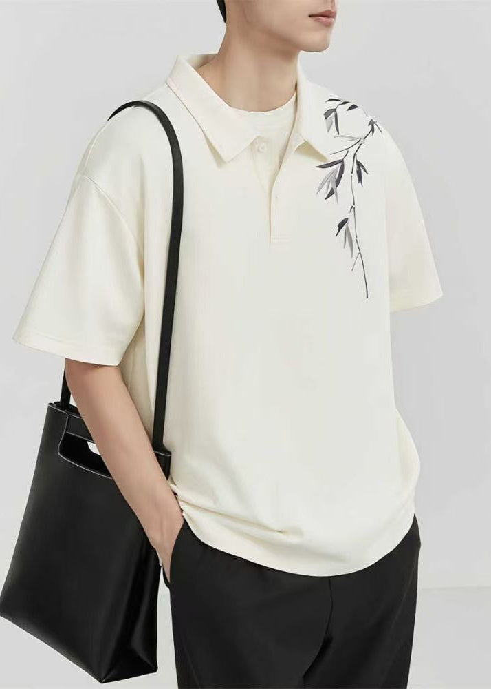 Loose Apricot Button Print Cotton Mens Polo Shirt Summer