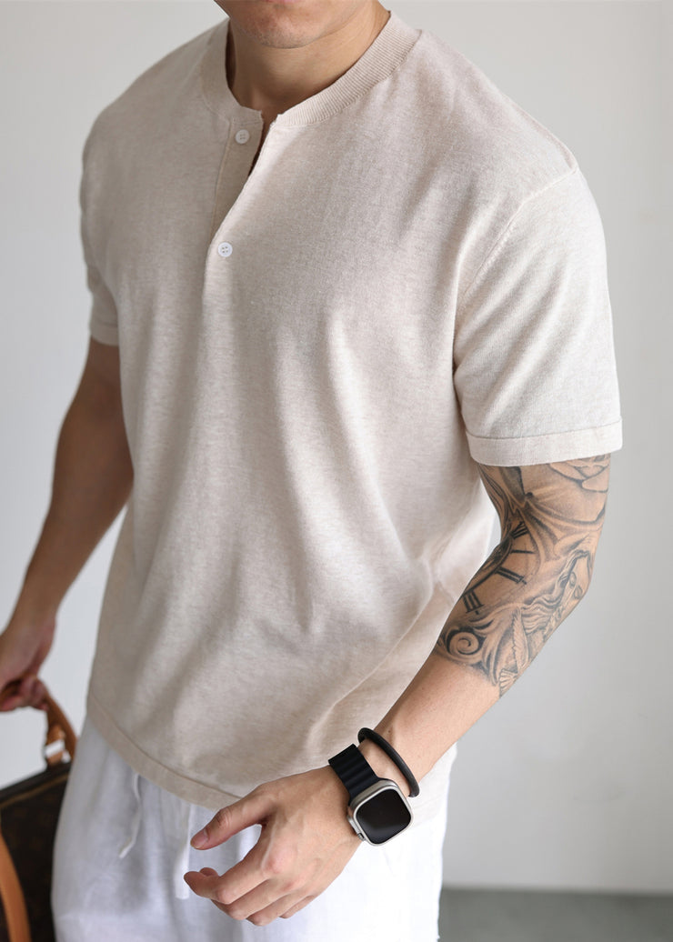 Loose Apricot Button Solid Knit Mens T Shirt Summer