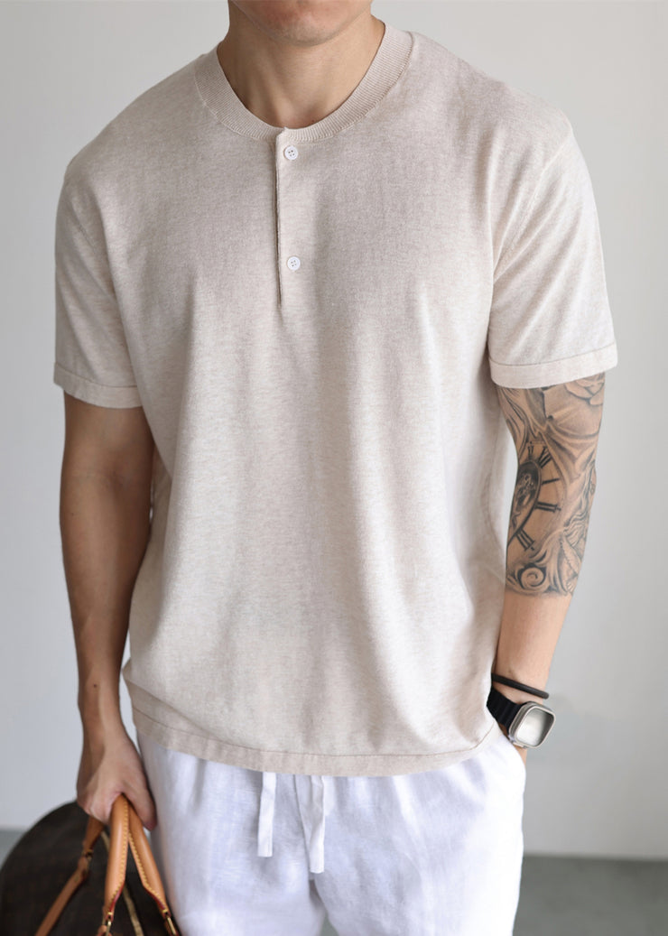 Loose Apricot Button Solid Knit Mens T Shirt Summer