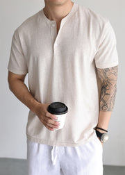 Loose Apricot Button Solid Knit Mens T Shirt Summer