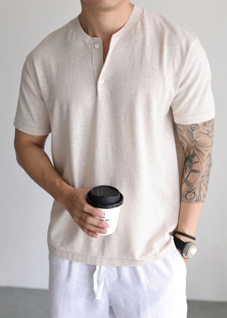 Loose Apricot Button Solid Knit Mens T Shirt Summer