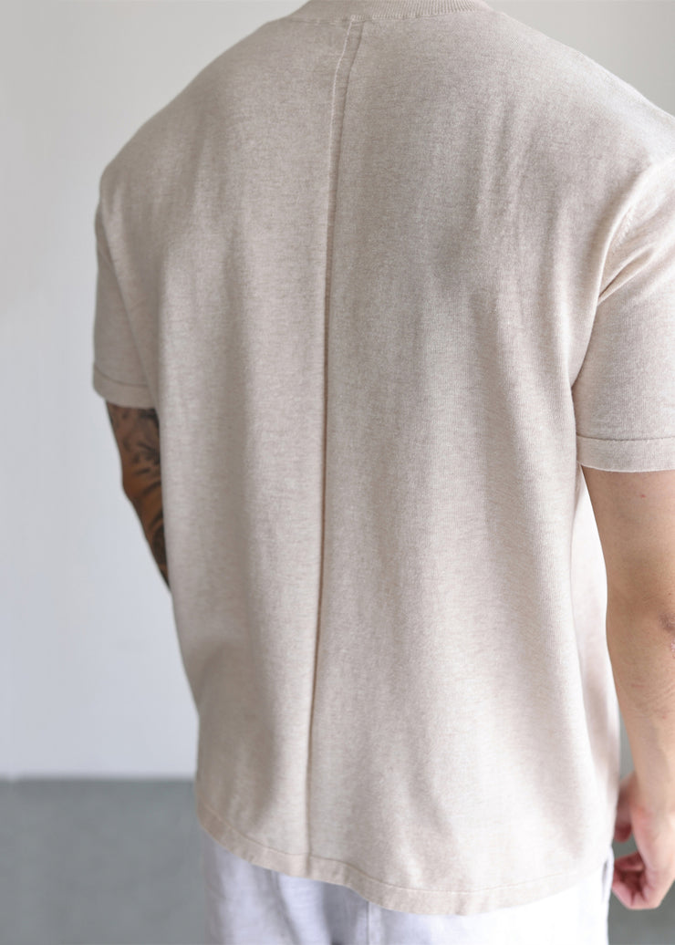 Loose Apricot Button Solid Knit Mens T Shirt Summer