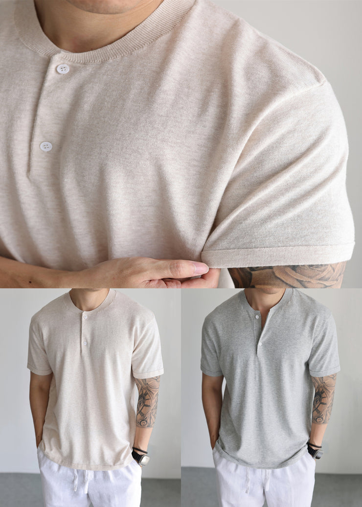 Loose Apricot Button Solid Knit Mens T Shirt Summer