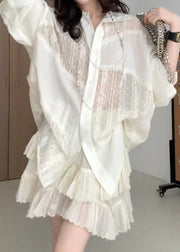 Loose Apricot Button Wrinkled Patchwork Silk Cotton Two Pieces Set Fall
