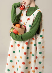 Loose Apricot Dot Print Pockets Faux Fur Dress Sleeveless