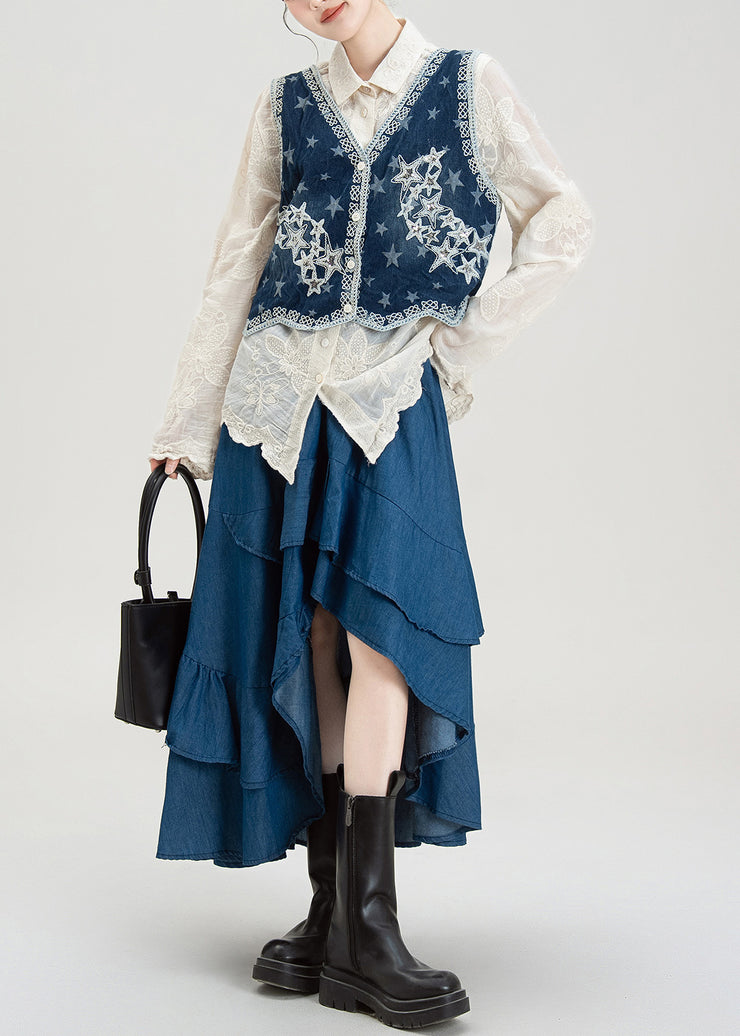 Loose Apricot Embroidered Button Cotton Three Pieces Set Fall