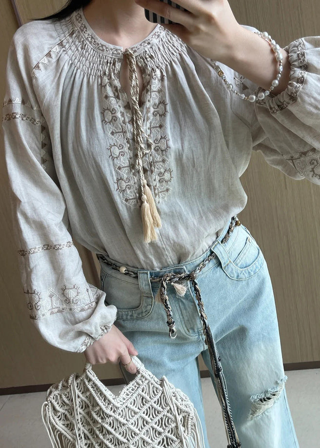 Loose Apricot Embroidered Lace Up Linen Shirt Fall