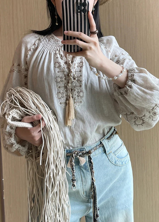 Loose Apricot Embroidered Lace Up Linen Shirt Fall